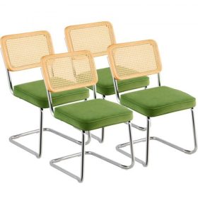   VEVOR Rattan székek, 4 darabos szett, századközepi modern étkezőszék, kárpitozott bársony díszítőfotel rattan háttámlával, retró étkező konyhai szék nappaliba, hálószobába, olvasószobába, irodába, zöld