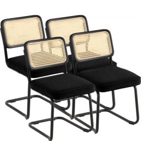   VEVOR Rattan székek, 4 darabos szett, századközepi modern étkezőszék, kárpitozott bársony díszítőfotel rattan háttámlával, retró étkező konyhai szék nappaliba, hálószobába, olvasószobába, irodába, fekete