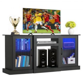   VEVOR TV-állvány akár 1651 mm-es tévékhez, Modern szórakoztató központ fénycsíkkal, Fa TV-szekrény tároló üvegajtókkal és állítható polcokkal, Konzolasztal nappaliba és hálószobába, Fekete