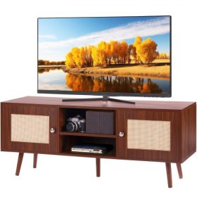   VEVOR Rattan TV állvány, Bohém TV szekrény 55 hüvelykes TV-hez, Közép-modern TV állvány, Rattan TV konzol állítható polcokkal nappaliba, médiaszobába, diófa