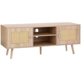  VEVOR Rattan TV állvány, Bohém TV szekrény 55 hüvelykes TV-hez, Közép-modern TV állvány, Rattan TV konzol állítható polcokkal nappaliba, médiaszobába, tölgyfa