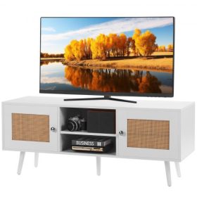   VEVOR Rattan TV állvány, Bohém TV szekrény 55 hüvelykes TV-hez, Közép-modern TV állvány, Rattan TV konzol állítható polcokkal nappaliba, médiaszobába, fehér