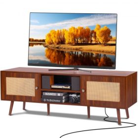   VEVOR Rattan TV állvány, Közép-modern TV állvány 65 hüvelykes TV-hez, Bohém Rattan TV szekrény beépített aljzattal és USB portokkal, állítható polcokkal nappaliba, médiaszobába, diófa