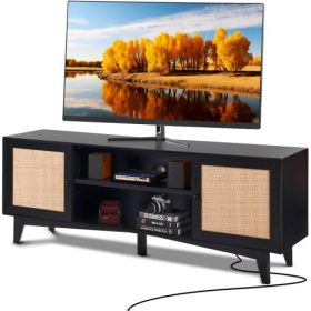   VEVOR Rattan TV állvány 75 hüvelykes TV-hez, Bohém TV állvány rattan ajtóval, Szórakoztatóközpont beépített konnektorral, Tárolószekrény 2 polccal, Modern TV konzol nappaliba, médiaszobába, Fekete