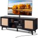 VEVOR Rattan TV állvány 75 hüvelykes TV-hez, Bohém TV állvány rattan ajtóval, Szórakoztatóközpont beépített konnektorral, Tárolószekrény 2 polccal, Modern TV konzol nappaliba, médiaszobába, Fekete