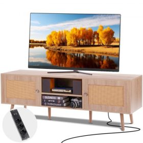   VEVOR Rattan TV-állvány 65"-es Boho TV-állványhoz beépített tölgyfa aljzattal