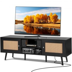   VEVOR Rattan TV állvány 65 hüvelykes TV-hez, Boho TV állvány rattan ajtóval, Szórakoztatóközpont beépített aljzattal és USB portokkal, Modern TV konzol nappaliba, médiaszobába, fekete