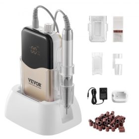   VEVOR elektromos akkus körömfúró - 35000RRM kefe nélküli motorral és töltőállvánnyal, újratölthető körömreszelő gép 6 bites és 50 db-os csiszolószalaggal akril gél körömre, manikűr pedikűr polírozáshoz