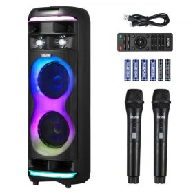   VEVOR Karaoke gép felnőtteknek, 80 W, 8 hüvelykes hordozható Bluetooth hangszóró 2 vezeték nélküli mikrofonnal, LED világítással, TWS funkcióval, guruló kerekekkel, Micro TF kártya támogatással, USB, AUX, otthoni karaoke partihoz
