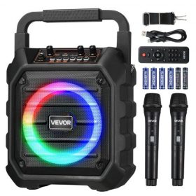   VEVOR Karaoke gép felnőtteknek, 20 W, 6,5 hüvelykes hordozható Bluetooth hangszóró 2 vezeték nélküli mikrofonnal, LED világítással, TWS funkcióval, fogantyúval, vállpánttal, Micro TF kártya támogatással, USB, AUX, otthoni buliba