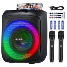   VEVOR Karaoke gép felnőtteknek, 30 W, 6,5 hüvelykes hordozható Bluetooth hangszóró 2 vezeték nélküli mikrofonnal, LED világítással, TWS funkcióval, fogantyúval, Micro TF kártya támogatással, USB, AUX, otthoni karaoke parti éneklés