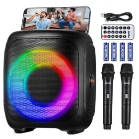   VEVOR Karaoke gép felnőtteknek, 15 W, 4 hüvelykes hordozható Bluetooth hangszóró 2 vezeték nélküli mikrofonnal, LED világítással, TWS funkcióval, fogantyúval, Micro TF kártya támogatással, USB, AUX, otthoni karaoke parti énekléshe