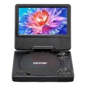   VEVOR hordozható DVD-lejátszó, 7 hüvelykes HD forgatható kijelző, 4 órás beépített újratölthető akkumulátor, dupla hangszóró, TV/USB/SD-kártya/CD/DVD szinkronizálás támogatása, autós töltő, hálózati adapter, távirányító