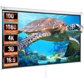   VEVOR kézi lehúzható projektorvászon, 100 hüvelykes 16:9 4K 1080 HD behúzható projektorvászon, automatikusan reteszelő hordozható vetítővászon, hordozható projektor filmvászon családi otthoni irodai mozihoz