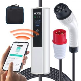   VEVOR hordozható elektromos autó töltő 2-es típus, 16A 3,68 kW/11 kW, elektromos jármű töltő 7,5 m-es töltőkábellel, CEE 16 csatlakozóval, LCD kijelzővel, IEC 62196 otthoni elektromos autó töltőállomás hordtáskás töltőkábel-akaszt