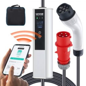   VEVOR hordozható elektromos autó töltő 2-es típus, 32A 7,36 kW/22 kW, elektromos jármű töltő 7,5 m-es töltőkábellel, CEE 32 csatlakozóval, LCD kijelzővel, IEC 62196 otthoni elektromos autó töltőállomás hordtáskás töltőkábel-akaszt