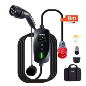  VEVOR mobil fali töltő, 11 kW 16A, 2-es típusú hordozható elektromos autó töltő, 3 fázisú elektromos jármű töltő 8 m töltőkábellel, CEE16 csatlakozóval, LCD képernyővel, állítható elektromos autó töltőállomás, IP66 vezérlődoboz