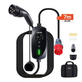   VEVOR mobil fali töltő, 22 kW 32A, 2-es típusú hordozható elektromos jármű töltő, 3 fázisú elektromos jármű töltő 7 m töltőkábellel, CEE32 csatlakozóval, LCD képernyővel, állítható elektromos jármű töltőállomás, IP66 vezérlődoboz