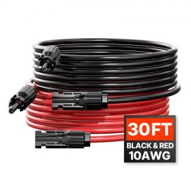   VEVOR 9,14 m/30 láb napelem hosszabbító kábel, 6 mm²/10 AWG napelem hosszabbító kábel vízálló női és férfi csatlakozókkal, 6 mm² PV kábel otthoni, hajó és lakókocsi napelemekhez, 9,14 m/30 láb fekete + 9,14 m/30 láb piros (2 darab