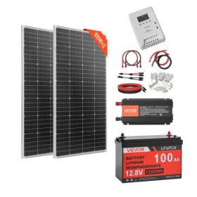   VEVOR 400W 12V komplett napelemes készlet, 2 db 200W-os monokristályos napelem + 12,8V 100Ah LiFePO₄ akkumulátor + 40A MPPT töltésvezérlő + 1000W-os inverter lakókocsikhoz, kempingekhez, hajókhoz, hálózaton kívüli használatra