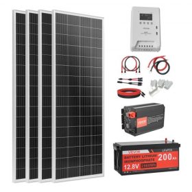   VEVOR 400W 12V Komplett Napelemes Készlet, 4*100W Monokristályos Napelem + 12.8V 200Ah LiFePO₄ Akkumulátor + 40A MPPT Töltésvezérlő + 2000W Inverter Lakókocsikhoz, Kempinghajókhoz, Hálózaton Kívüli Használathoz
