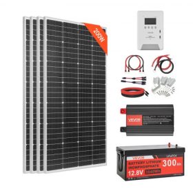   VEVOR 800W 12V Komplett Napelemes Készlet, 4*200W Monokristályos Napelem + 12.8V 300Ah LiFePO₄ Akkumulátor + 60A MPPT Töltésvezérlő + 2000W Inverter Otthoni, Kisgazdasági, Faházi, Hálózaton Kívüli Használatra