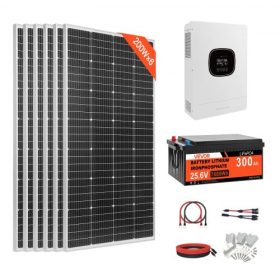   VEVOR 1200W 24V-os komplett napelemes készlet, 6 db 200W-os monokristályos napelem + 25,6V 300Ah LiFePO₄ akkumulátor + 24V 3600W-os hibrid inverter, nagy teljesítményű, hálózaton kívüli napelemes készlet nagy ház- és fészertelepek