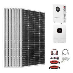   VEVOR 2400W 48V Komplett Napelemes Készlet, 12 db 200W-os Monokristályos Napelem + 51,2V 100Ah LiFePO₄ Akkumulátor + 48V 5000W Hibrid Inverter, Nagy Teljesítményű, Hálózaton Kívüli Napelemes Készlet Nagy Házak és Fészertelepekhez
