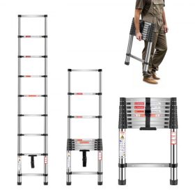   VEVOR teleszkópos létra, 2540 mm-es rozsdamentes acél könnyű hosszabbító létra, többgombos visszahúzható összecsukható létrák, 150 kg teherbírás és csúszásgátló lábak, hordozható 9 lépcsős létrák otthoni lakókocsi-tetőtérbe