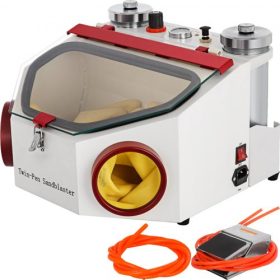   VEVOR fogászati ​​homokfúvó 2 toll + 2 tartály fogászati ​​laboratóriumi homokfúvó LED-es lámpával és nagyméretű ablakkal, lábpedálos vezérléssel