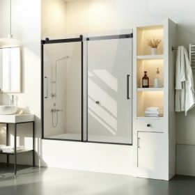   VEVOR keret nélküli tolóajtó kádhoz, 142-152 cm széles x 152 cm magas, keret nélküli zuhanyajtó, keret nélküli dupla tolóajtó kádhoz 142 cm-es átlátszó edzett üveggel és rozsdamentes acél fogantyúval, fekete felülettel