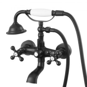   VEVOR karmoslábas kádcsaptelep, fali kádcsaptelep kézi zuhannyal, vintage matt fekete karmoslábas kádtöltő csaptelep zuhanykészlet állítható lengőkarokkal és 360°-ban forgó kifolyóval fürdőkádakhoz