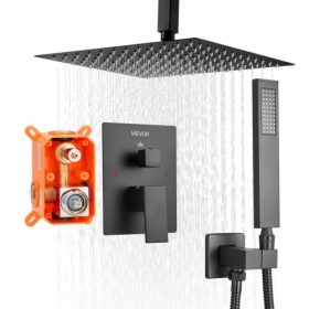   VEVOR zuhanycsaptelep szett, esőztető fürdőszobai zuhanyrendszer 10 hüvelykes (25,4 cm) négyzet alakú esőztető zuhanyfejjel és kézi zuhanyrózsával, mennyezetre szerelhető kádszerelvények sárgaréz szeleppel és díszléccel, matt feke
