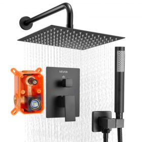   VEVOR zuhanycsaptelep szett, esőztető fürdőszobai zuhanyrendszer 10 hüvelykes (25,4 cm) négyzet alakú esőztető zuhanyfejjel és kézi zuhanyrózsával, fali kádszerelvények sárgaréz szeleppel és díszléccel, matt fekete