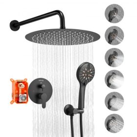   VEVOR zuhanycsaptelep szett, esőztető fürdőszobai zuhanyrendszer 12 hüvelykes (30,5 cm) kerek esőztető zuhanyfejjel és kézi zuhanyfejjel, fali kádszerelvények sárgaréz szeleppel és díszléccel, matt fekete