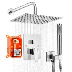   VEVOR zuhanycsaptelep szett, esőztető fürdőszobai zuhanyrendszer 10 hüvelykes (25,4 cm) négyzet alakú esőztető zuhanyfejjel és kézi zuhanyrózsával, fali kádszerelvények sárgaréz szeleppel és díszléccel, ezüst króm