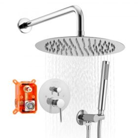   VEVOR zuhanycsaptelep szett, esőztető fürdőszobai zuhanyrendszer 10 hüvelykes (25,4 cm) kerek esőztető zuhanyfejjel és kézi zuhanyfejjel, fali kádszerelvények sárgaréz szeleppel és díszléccel, ezüst króm