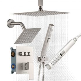   VEVOR zuhanycsaptelep szett, 254 mm-es mennyezetre szerelhető esőztető zuhanyrendszer 152 mm-es fali fejjel és 2 az 1-ben kézi zuhanyfejjel, forgatható, 3 funkciós, kettős esőztető fejjel, sárgaréz szeleppel és díszléc-készlettel,