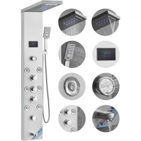   VEVOR zuhanypanel rendszer, 6 zuhany üzemmód, LED és képernyős vízerőmű zuhanypanel torony, eső, vízesés, 8 masszázsfúvóka, kádkifolyó, kézi zuhany, rozsdamentes acél fali zuhanyszett
