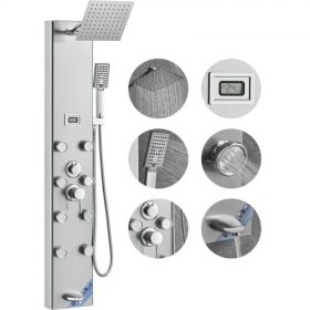   VEVOR zuhanypanel rendszer, 6 zuhany üzemmód, digitális kijelzős zuhanypanel torony, esővíz, 8 masszázsfúvóka, kádkifolyó, 3 beállítású kézi zuhanyfej, 59"-es tömlő, rozsdamentes acél fali zuhanyszett