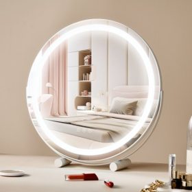   VEVOR 20”-os fésülködőtükör világítással, LED-es sminktükör 3 színű világítási móddal, 5x nagyítású tükörrel, intelligens érintésvezérléssel, 360°-os forgatással, kerek, megvilágított sminktükör hálószobai asztalra (fehér)