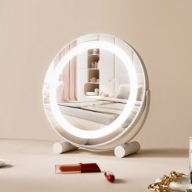   VEVOR 12”-es fésülködőtükör világítással, LED sminktükör 3 színes világítási móddal, 5x nagyítású tükörrel, intelligens érintésvezérléssel, 360°-os forgatással, kerek, megvilágított sminktükör hálószobai asztalra (fehér)