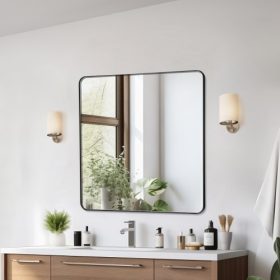  VEVOR fali sminktükör, 0,15" vastag, 36" x 36" tükör alumíniumötvözet kerettel és robbanásbiztos fóliával, karcálló tükör Z alakú konzollal, fürdőszobába/hálószobába/nappaliba alkalmas