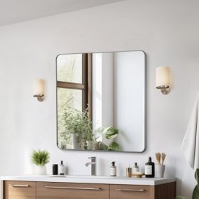   VEVOR fali sminktükör, 0,15" vastag, 36" x 36" tükör alumíniumötvözet kerettel és robbanásbiztos fóliával, karcálló tükör Z alakú konzollal, fürdőszobába/hálószobába/nappaliba alkalmas