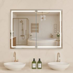   VEVOR Világító Gyógyszeres Sészekrény Tükörrel, 60 x 80 cm Falra Szerelhető, 3 Színű, Szabályozható LED Fürdőszobai Gyógyszeres Sészekrény HD Tükörrel, Memória Funkcióval/Állítható Polcokkal Tárolóval/Aljzatokkal és USB-kkel