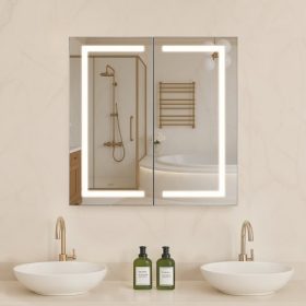   VEVOR megvilágított gyógyszeres szekrény tükörrel, 65 x 65 cm süllyesztett vagy falra szerelhető, 3 színű, szabályozható fényerejű LED fürdőszobai gyógyszeres szekrény HD tükörrel, állítható polcrendszerrel, memória-páramentesítő