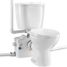   VEVOR aprító WC-rendszer nagy teljesítményű 800 W-os aprítószivattyúval, hátsó kiürítésű és felfelé öblítésű WC-vel a pincébe, kettős öblítésű vízelvezetővel, aprító WC-rendszer készlet 4 bemenettel, helytakarékos