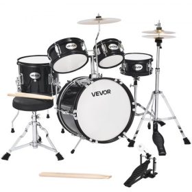  VEVOR gyerek dobkészlet, 5 darabos 14 hüvelykes / 355,6 mm-es junior dobkészletek, kezdő dobkészlet állítható székkel és két pár dobverővel, zenei tanulásra alkalmas dobkészlet hangszerekhez, 6-13 éves gyermekek számára (fekete)