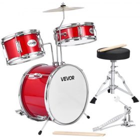   VEVOR gyerek dobkészlet, 3 darabos 14 hüvelykes / 355,6 mm-es junior dobkészletek, kezdő dobkészlet állítható székkel és két pár dobverővel, zenei tanulási dobkészlet hangszerekhez, 6-13 éves gyermekeknek (piros)