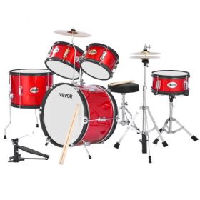   VEVOR gyerek dobkészlet, 5 darabos 16 hüvelykes / 406,4 mm-es junior dobkészletek, kezdő dobkészlet állítható székkel és két pár dobverővel, zenei tanulási dobkészlet hangszerekhez, 6-13 éves gyermekeknek (piros)